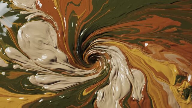 Abstract swirl of liquid paint in shades of olive green, ochre, brown, and cream colors