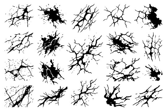 Abstract ink splatter and crack pattern collection in black and white.