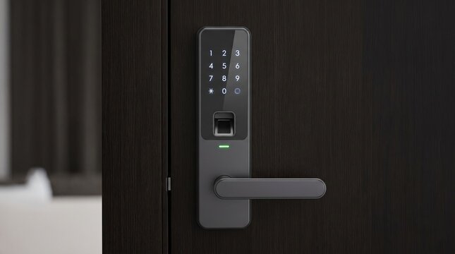 Modern smart door lock with keypad and fingerprint scanner on dark wood door
