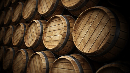 Fototapeta premium Wine cellar with stack of wooden barrels. 3D illustration