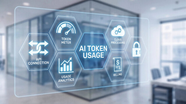 AI token usage concept for artificial intelligence resource monitoring and cost management including API connection token meter analytics billing cloud processing and context window tracking