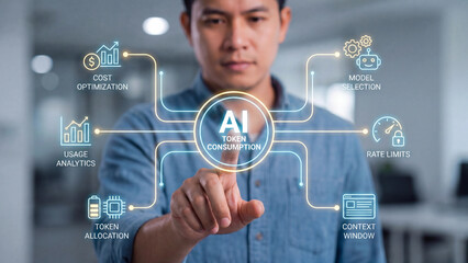 Fototapeta na wymiar AI token consumption concept for artificial intelligence resource management including cost optimization usage analytics model selection rate limits and context window management