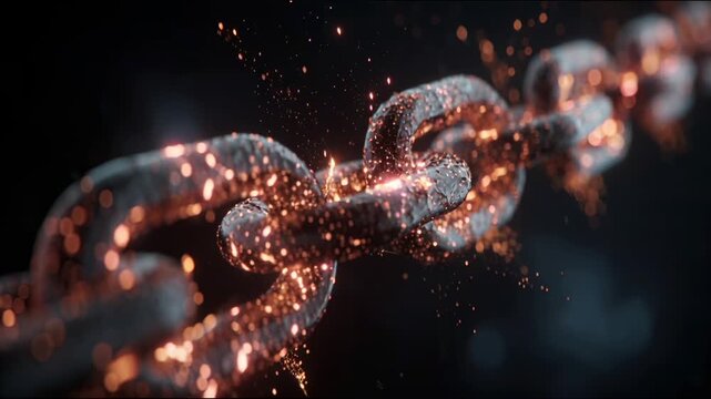 Macro slow motion of a heavy metal chain creating sparks from friction as it moves. Concept of industry, power, hard work, and manufacturing.