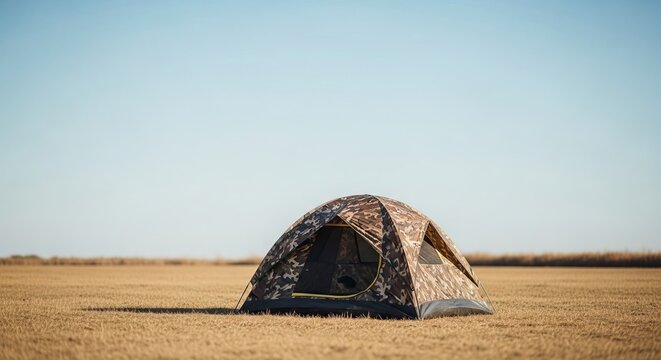 Camouflage camping tent set up on dry grassy field under a clear blue sky
