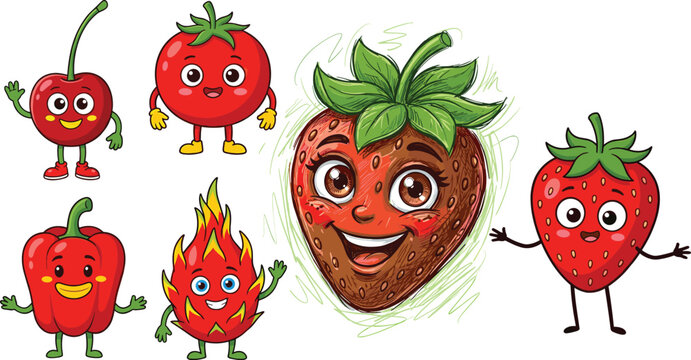 Cute red fruit and vegetable cartoon character vector set with funny strawberry tomato illustration elements