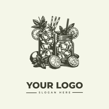 Vintage hand drawn logo design featuring refreshing cocktails with lime mint and ice cubes.