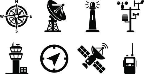 Naklejka premium Navigation and communication technology icon set with radar satellite and lighthouse silhouettes isolated on white background