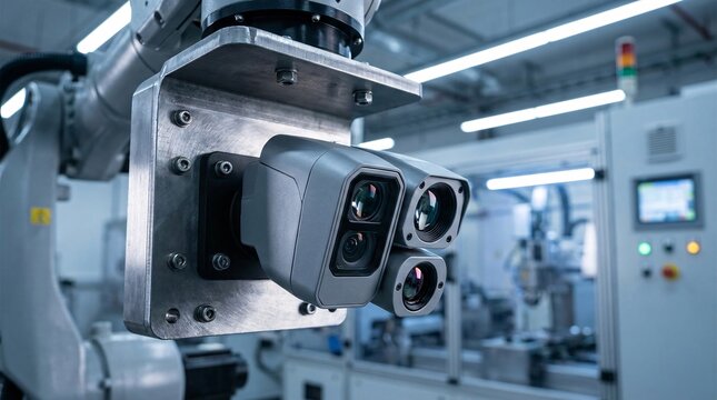 Close-up of a multi-lens machine vision camera mounted on a robotic arm in a modern automated manufacturing factory