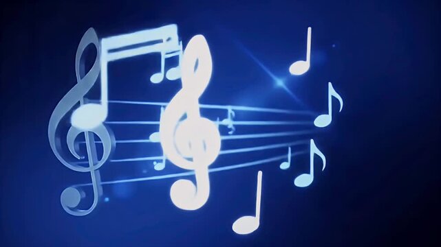 Dynamic Digital Music Concept with Luminous Notes and Treble Clef on Blue Background