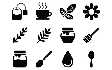 Wellness Herbal Tea Filled Icons with Tea Bag Tea Cup Mint Leaf Natural Herbal Infusion Healthy Beverage Organic Wellness and Relaxation Vector Illustration © HYPER