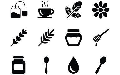 Wellness Herbal Tea Filled Icons with Tea Bag Tea Cup Mint Leaf Natural Herbal Infusion Healthy Beverage Organic Wellness and Relaxation Vector Illustration © HYPER