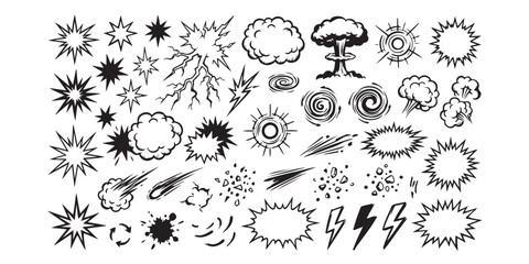 Set of hand drawn comic book explosion and action effect elements in black and white sketch style ©  creative  marlia