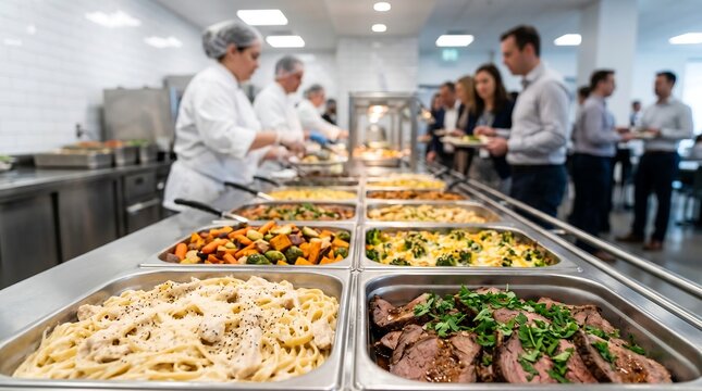 Food service manager and culinary staff preparing a buffet line for professional office workers, concept for business lunch event, corporate catering services and company cafeteria menu