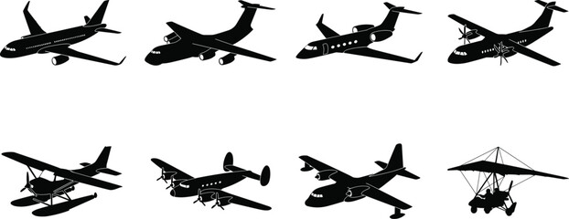 Fototapeta premium Set of black airplane silhouettes isolated on white background for commercial and aviation design elements