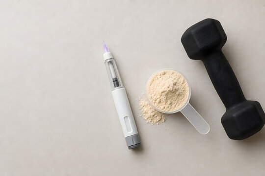 Weight loss injection with protein and dumbbell
