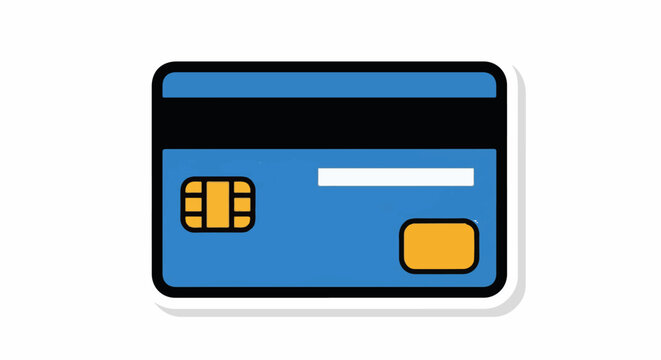 A blue credit card with a black stripe, gold chip and square
