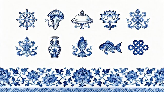Blue and white porcelain border illustration, peony scroll eight treasures auspicious pattern Chinese oriental blank card packaging stationery decorative backdrop