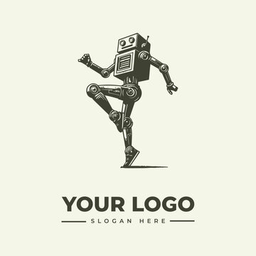 Vintage style illustration of a mechanical robot character running or dancing for a creative logo design.