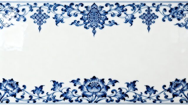Blue and white porcelain border illustration, peony scroll eight treasures auspicious pattern Chinese oriental blank card packaging stationery decorative backdrop
