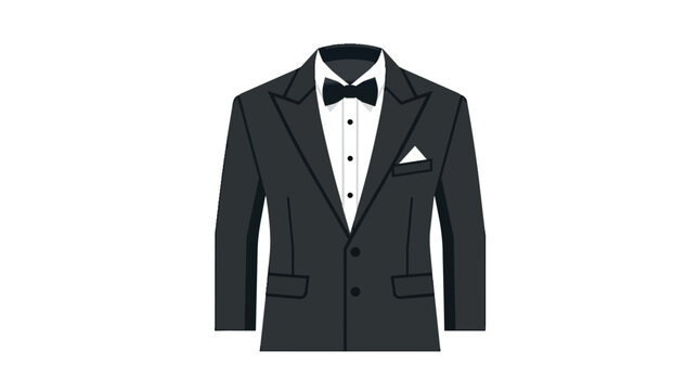 Black formal tuxedo featuring bowtie and pocket square in clean flat vector for luxury event branding