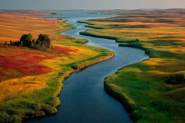 Obraz premium Aerial View of Serene River Winding Through Vibrant Wetlands in Natural Landscape