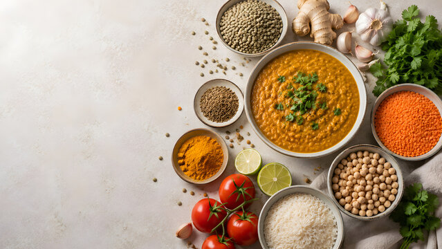 Lentil Dal Ingredients Banner with Chickpeas Rice Spices Tomatoes and Herbs