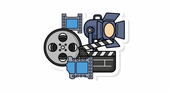 A film reel, camera, clapperboard