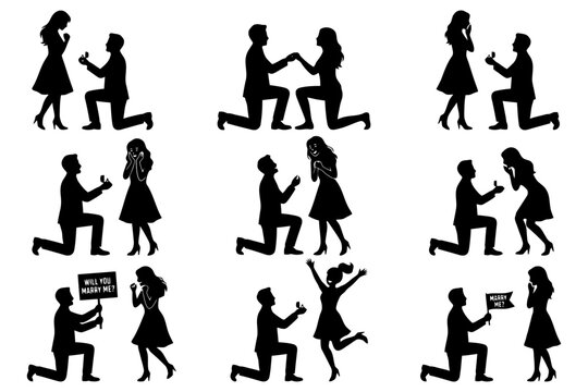 Silhouette couples proposing marriage with rings in romantic gesture collection.