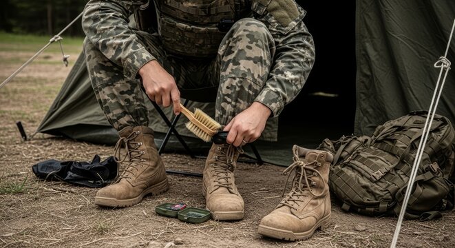 Soldier diligently cleaning tan military boots in outdoor preparation, showcasing dedication to equipment maintenance.