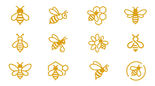 Golden bee icons fly around flowers on white background k 83