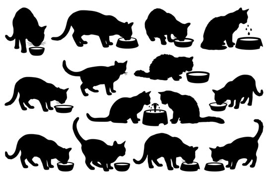 Silhouettes of various cats eating from bowls in different poses.