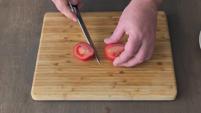Cutting tomato into small slices for a simple recipe in kitchen
