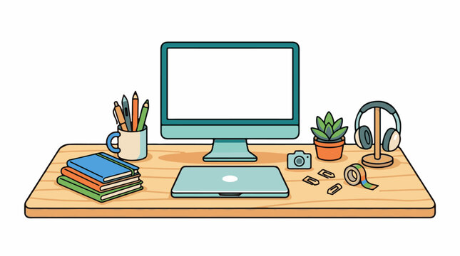 A computer monitor, laptop, and office supplies on a wooden desk