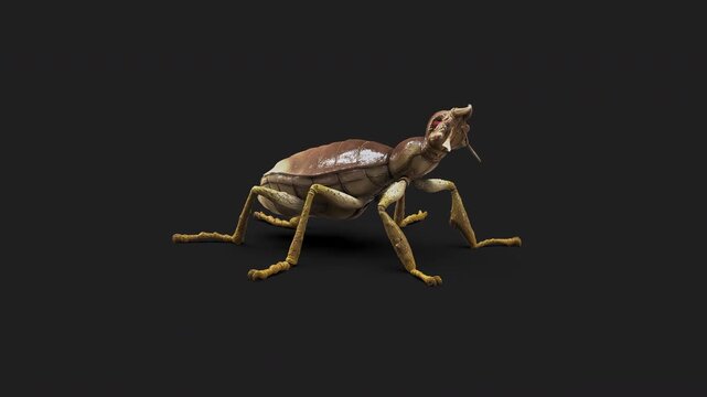 Detailed 3D rendered illustration of a creepy brown beetle pose, isolated on a black background with alpha channel.