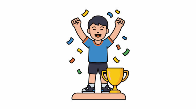A cartoon boy celebrates with arms raised beside a trophy