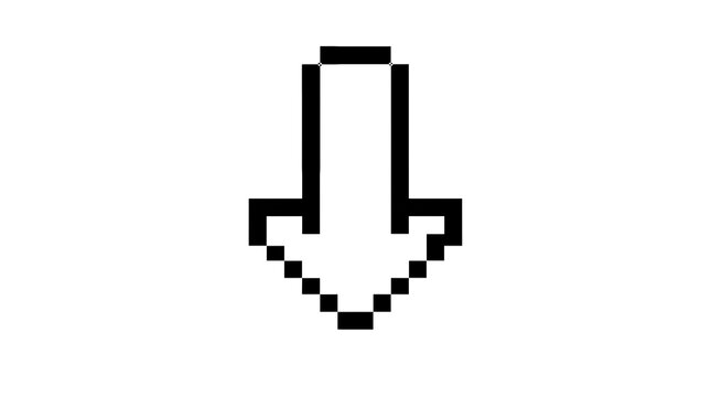 Pixelated black arrow pointing downwards, representing a digital cursor or a navigation symbol on transparent background