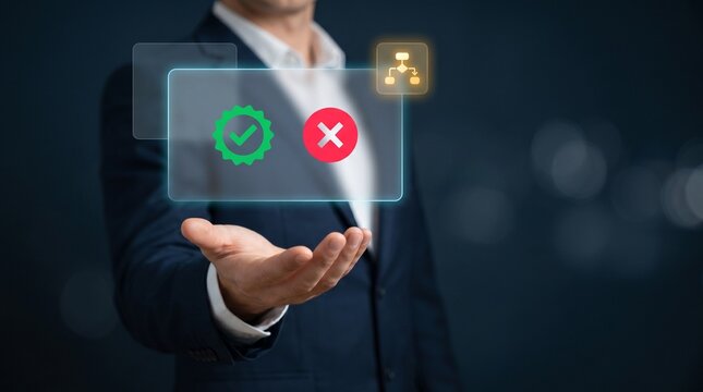Businessman Extends Open Palm to Present Approval Decision, Display Green Check Badge, Show Red Cancel Cross, Map Process Flowchart, and Manage Digital Verification Workflow