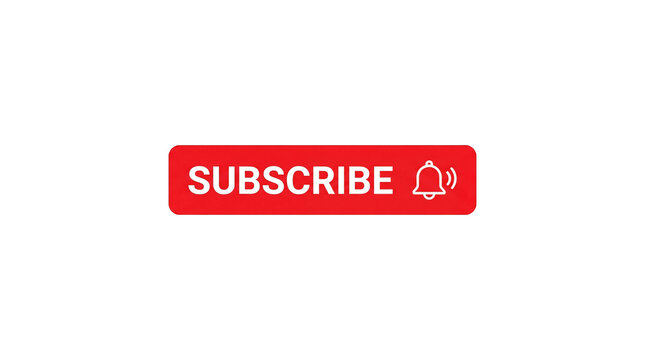 Red subscribe button with notification bell icon for online channel, social media engagement, and content promotion on transparent background