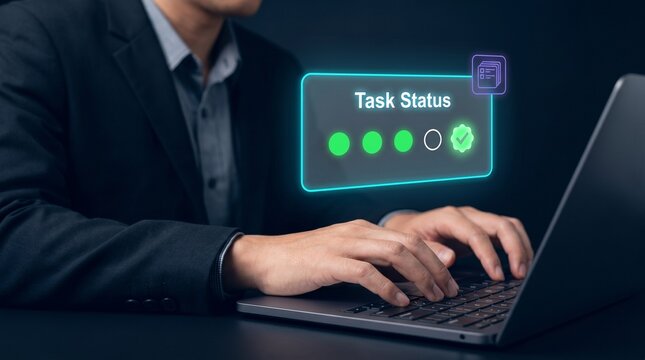 Businessman Types on Laptop at Dark Desk to Track Task Status, Display Progress Step Dots, Confirm Approval Check, Show Document Icon, and Manage Digital Workflow Completion