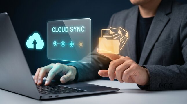 Businessman Types on Laptop and Touches Panel to Sync Cloud Storage, Display Cloud Upload Icon, Connect Folder Files, Transfer Digital Documents, and Manage Online Data Backup