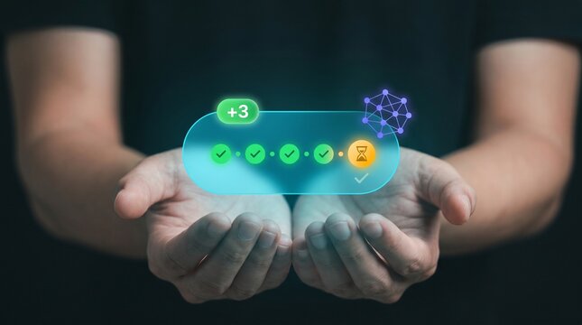 Businessman Extends Cupped Hands to Present Task Completion, Display Checkmark Progress Steps, Show Counter Badge, Connect Network Cluster, and Track Pending Workflow Status