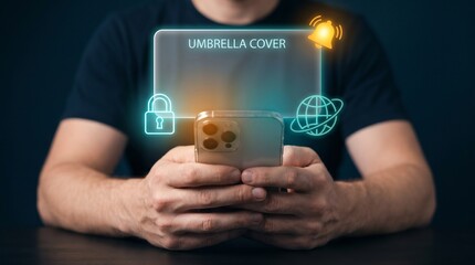 Obraz premium Man Holds Smartphone in Hands to Activate Umbrella Cover, Display Security Lock Icon, Connect Global Globe, Trigger Notification Bell, and Secure Family Insurance Protection