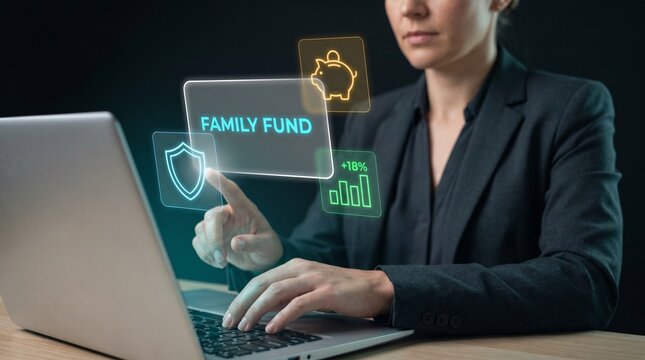 Businesswoman Types on Laptop and Touches Panel to Manage Family Fund, Display Piggy Bank Icon, Show Protection Shield, Track Bar Chart Growth, and Secure Savings Investment