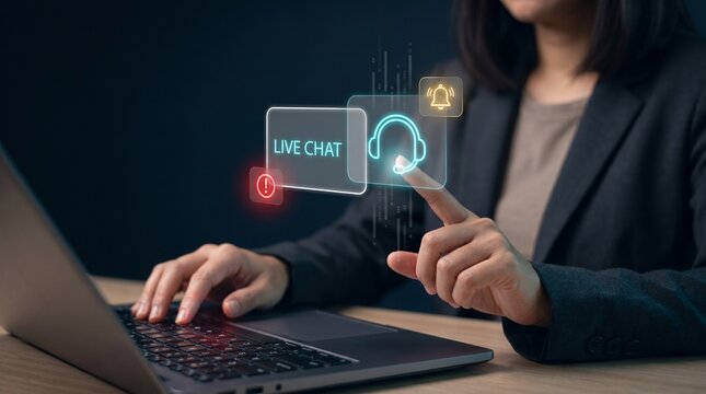 Businesswoman Types on Laptop and Touches Panel to Open Live Chat, Display Support Headset Icon, Trigger Notification Bell, Show Warning Alert, and Manage Customer Communication
