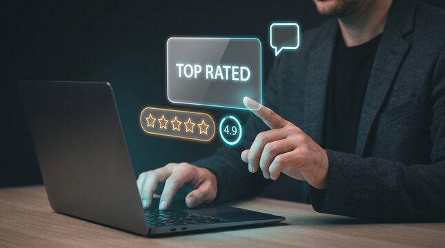 Businessman Types on Laptop and Touches Panel to Confirm Top Rated Score, Display Five Star Rating, Open Chat Comment Bubble, Show Numeric Value, and Track Customer Feedback