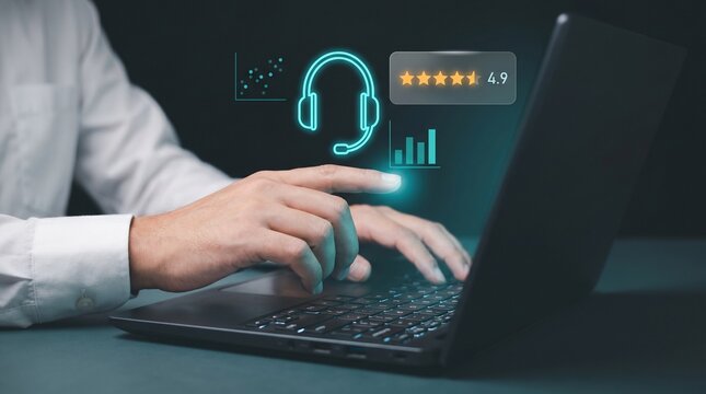 Man Types on Laptop at Dark Desk to Track Customer Rating, Display Support Headset Icon, Show Five Star Score, Track Bar Chart, and Analyze Service Satisfaction Feedback