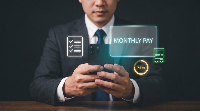Businessman Holds Smartphone in Hands to Process Monthly Payroll, Display Checklist Items, Show Percentage Ring, Connect Billing Receipt, and Manage Salary Payment Finance