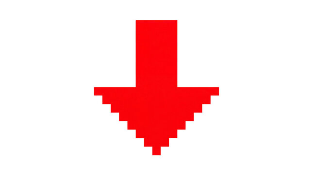 Pixelated red arrow pointing downwards in a digital retro style on transparent background
