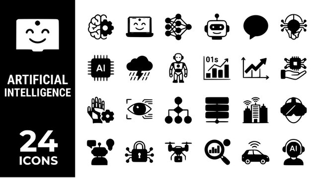 Artificial intelligence and machine learning technology icon set for digital innovation with intelligence