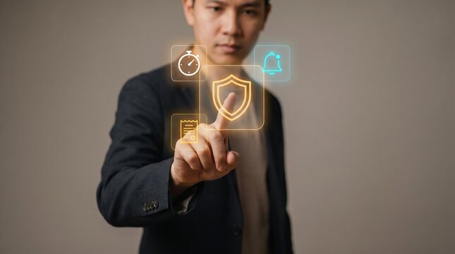 Businessman Touches Glowing Panel to Activate Protection Shield, Display Security Icon, Show Clock Timer, Trigger Notification Bell, and Secure Insurance Coverage Document